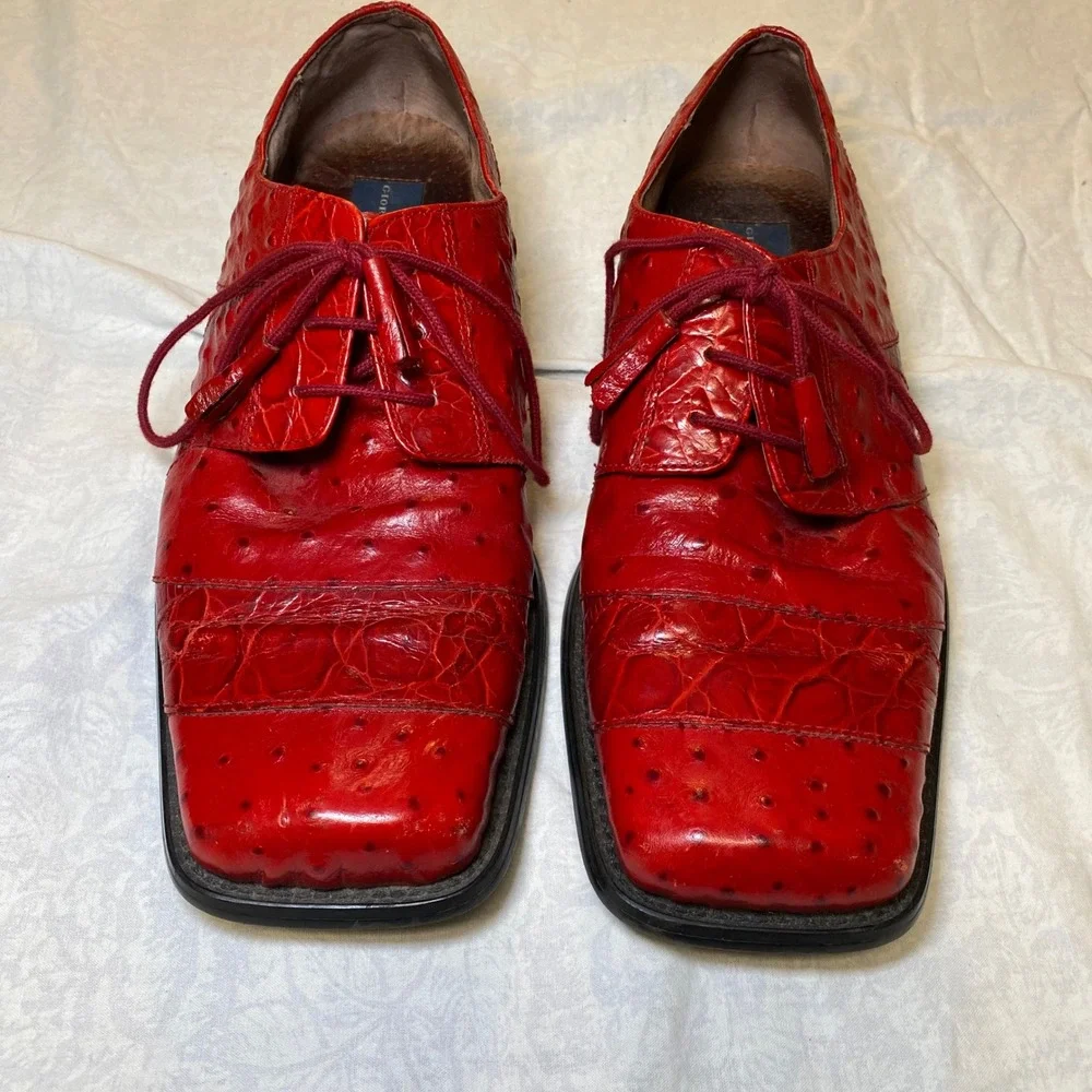 Giorgio Brutini Private Collection Red Ostrich Print Leather Shoes Men's 8.5M